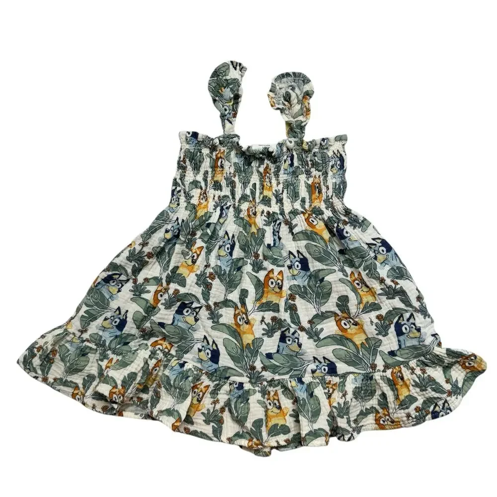 BLUEY Cottom Gauze Tropical Leaf Bluey Bingo Dress Size 3T White Green Smocked